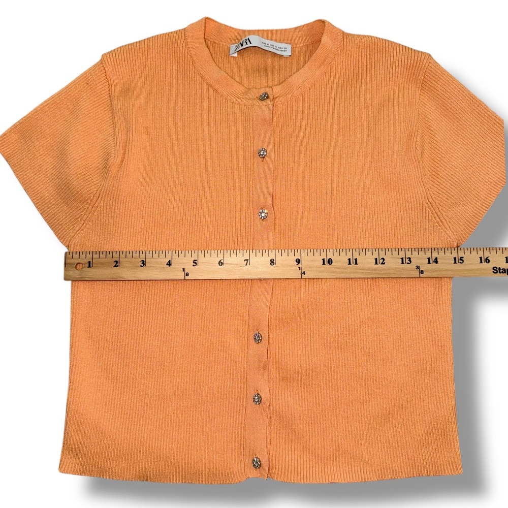 ZARA Ribbed Cardigan Sweater‎ Women's M Orange Rhinestone Short Sleeve - Picture 2 of 10